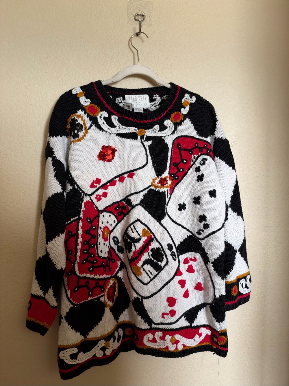 Vintage Handknit Play Cards Novelty Sweater Sz Size medium/large black white